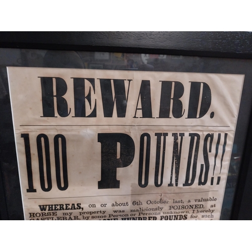 342 - Malachy Kelly Solicitor Castlebar �100 reward framed print for poisoned horse. {59 cm H x 49 cm W}.