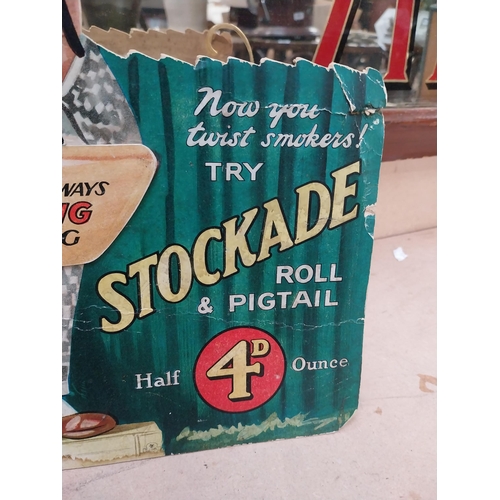 372 - Stockade Roll and Pigtail tobacco cardboard advertising counter showcard. {35 cm H x 27 cm W}.