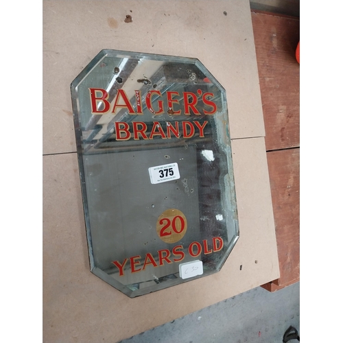 375 - Baiger's Brandy 20 years old advertising mirror {36 cm H x 25 cm W}.