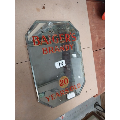 375 - Baiger's Brandy 20 years old advertising mirror {36 cm H x 25 cm W}.