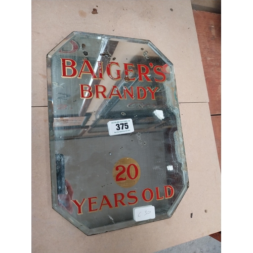 375 - Baiger's Brandy 20 years old advertising mirror {36 cm H x 25 cm W}.