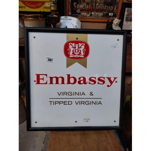 381 - Embassy Virginia Tipped Cigarettes framed Perspex sign. {51 cm H c 51 cm W}.