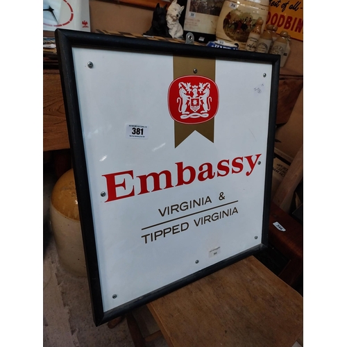 381 - Embassy Virginia Tipped Cigarettes framed Perspex sign. {51 cm H c 51 cm W}.