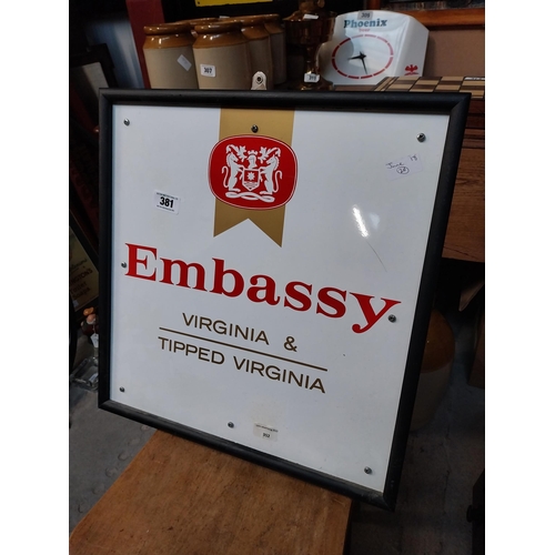 381 - Embassy Virginia Tipped Cigarettes framed Perspex sign. {51 cm H c 51 cm W}.