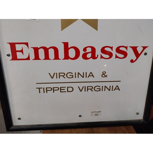 381 - Embassy Virginia Tipped Cigarettes framed Perspex sign. {51 cm H c 51 cm W}.