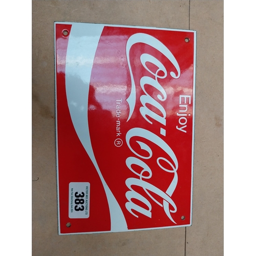 383 - Enjoy Coca Cola enamel advertising sign. {15 cm H x 26 cm W}.