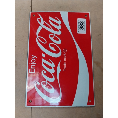 383 - Enjoy Coca Cola enamel advertising sign. {15 cm H x 26 cm W}.