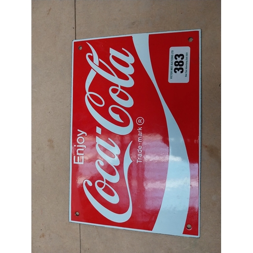 383 - Enjoy Coca Cola enamel advertising sign. {15 cm H x 26 cm W}.