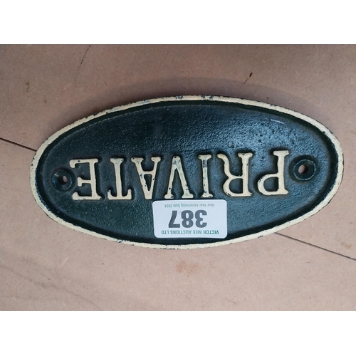 387 - Two cast iron Private door plaques. {9 cm H x 19 cm W}.