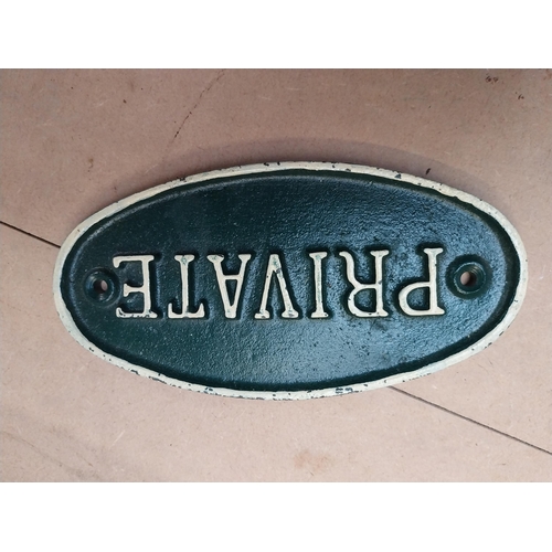 387 - Two cast iron Private door plaques. {9 cm H x 19 cm W}.