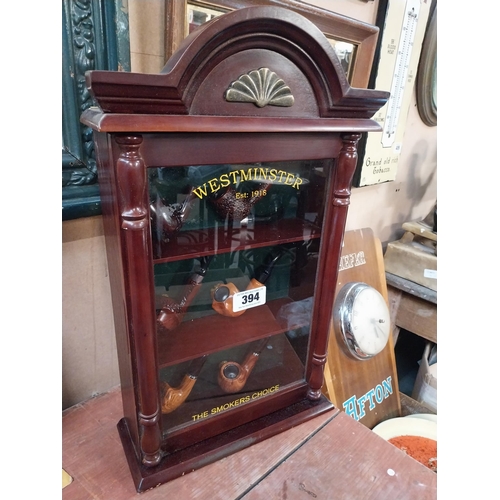 394 - Mahogany display cabinet Westminster Pipes including pipes. {52 cm H x 31 cm W}.