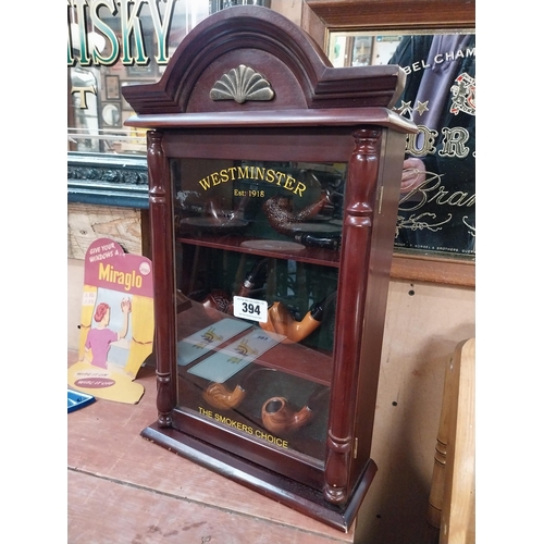 394 - Mahogany display cabinet Westminster Pipes including pipes. {52 cm H x 31 cm W}.