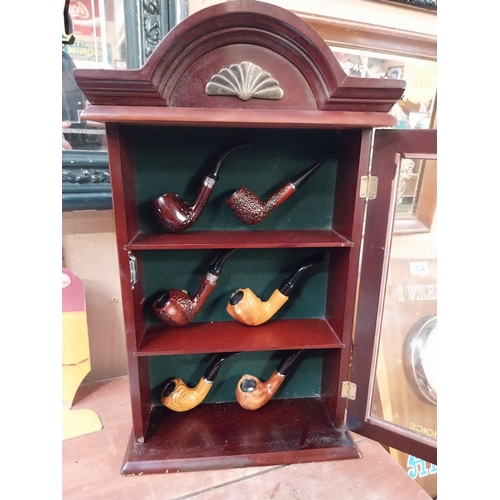 394 - Mahogany display cabinet Westminster Pipes including pipes. {52 cm H x 31 cm W}.