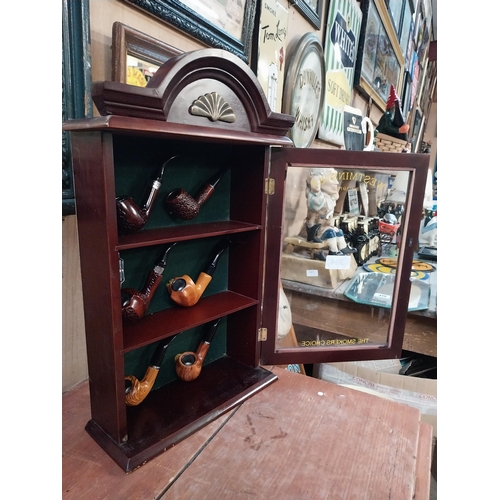 394 - Mahogany display cabinet Westminster Pipes including pipes. {52 cm H x 31 cm W}.