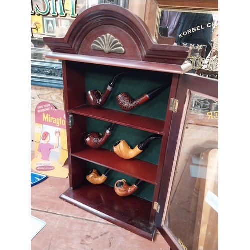 394 - Mahogany display cabinet Westminster Pipes including pipes. {52 cm H x 31 cm W}.