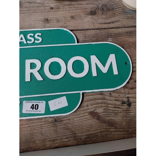 40 - Cast iron First Class Waiting Room Only sign. {22 cm H x  60 cm W}.