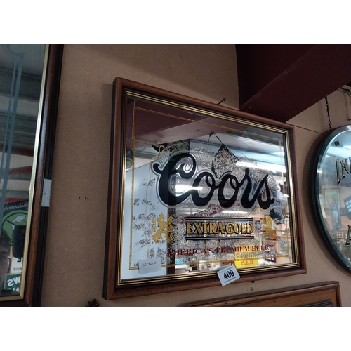 400 - Coors Extra Gold Lager framed advertising mirror. {35 cm H x 46 cm W}.