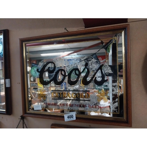 400 - Coors Extra Gold Lager framed advertising mirror. {35 cm H x 46 cm W}.