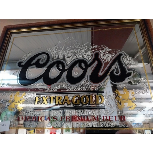 400 - Coors Extra Gold Lager framed advertising mirror. {35 cm H x 46 cm W}.