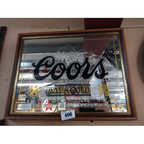 400 - Coors Extra Gold Lager framed advertising mirror. {35 cm H x 46 cm W}.