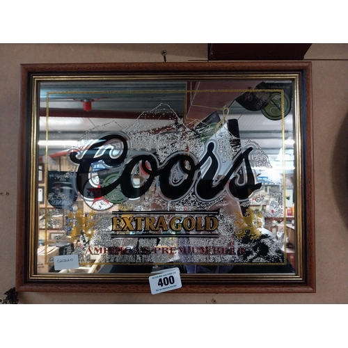 400 - Coors Extra Gold Lager framed advertising mirror. {35 cm H x 46 cm W}.