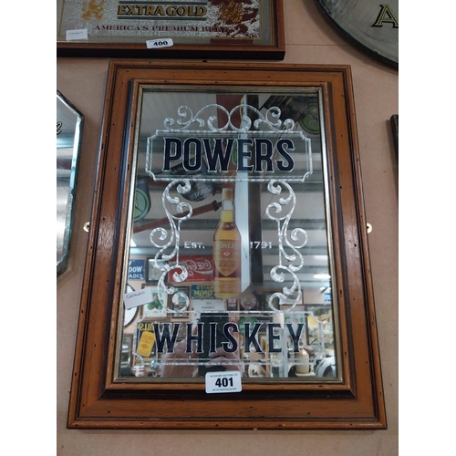 401 - Framed Powers Whiskey advertising mirror. {57 cm H x 42 cm W}.