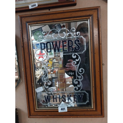 401 - Framed Powers Whiskey advertising mirror. {57 cm H x 42 cm W}.