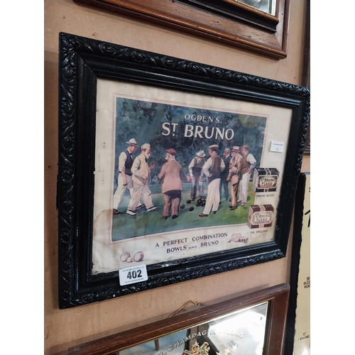 402 - Ogden's St Bruno A Perfect Combination Bowls and Bruno framed advertising print. {37 cm H x 48 cm W}