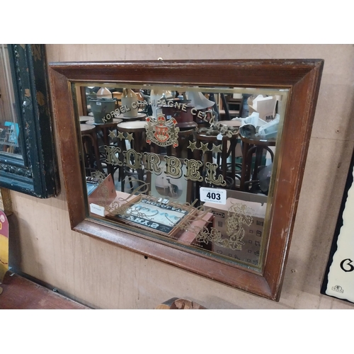 403 - Korbel Champagne Cellars Brandy framed advertising mirror. {36 cm H x 47 cm W}.