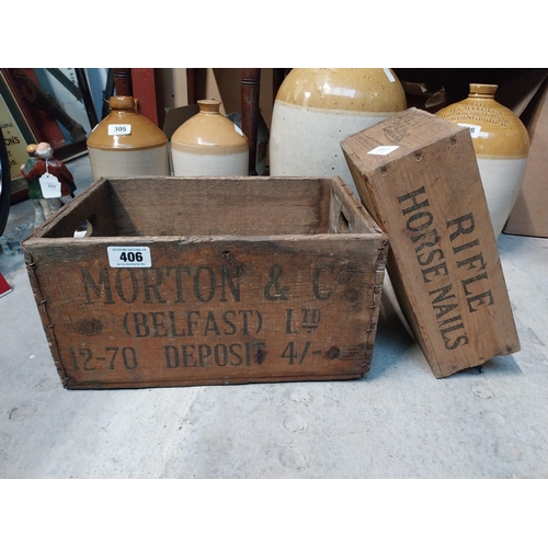 406 - Morton and Co Belfast  {23 cm H x 42 cm W x 28 cm D} and Rifle Horesnails {12 cm H x 33 cm W x 19 cm... 