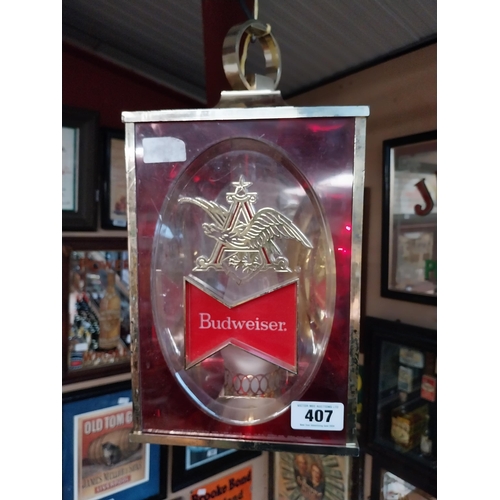 407 - 1980's Budweiser Lager Perspex light up advertising lantern. {40 cm H x 22 cm W x 22 cm D}.