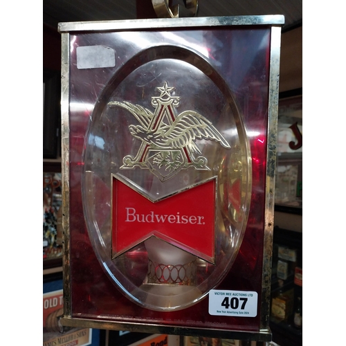 407 - 1980's Budweiser Lager Perspex light up advertising lantern. {40 cm H x 22 cm W x 22 cm D}.