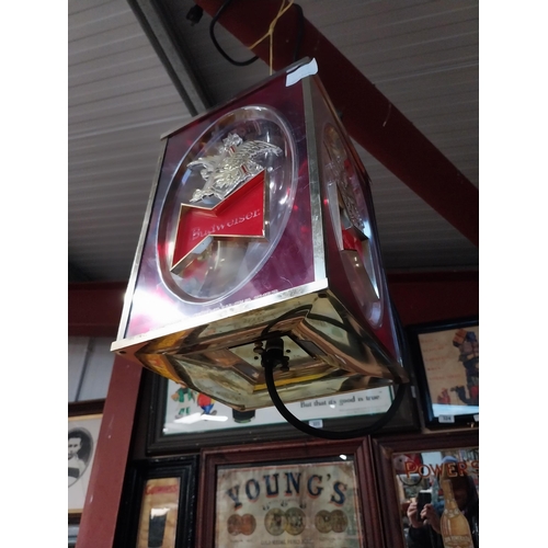 407 - 1980's Budweiser Lager Perspex light up advertising lantern. {40 cm H x 22 cm W x 22 cm D}.