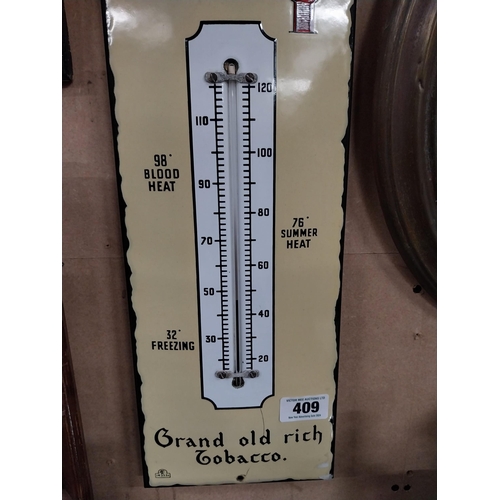 409 - Smoke Tom Long Grand old rich tobacco enamel advertising barometer. {57 cm H x 18 cm W}