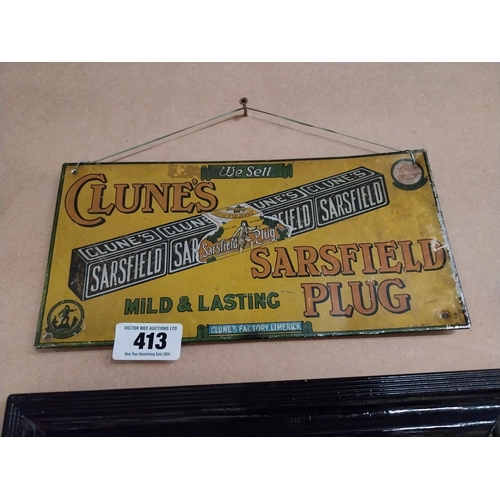 413 - Clunes Sarsfield Plug tinplate advertising sign. {16 cm H x 30 cm W}.