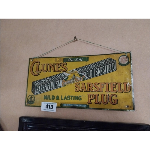 413 - Clunes Sarsfield Plug tinplate advertising sign. {16 cm H x 30 cm W}.