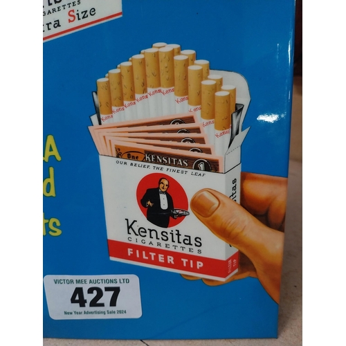 427 - Kensitas Extra Good Cigarettes celluloid counter showcard. {30 cm H x 15 cm W}.