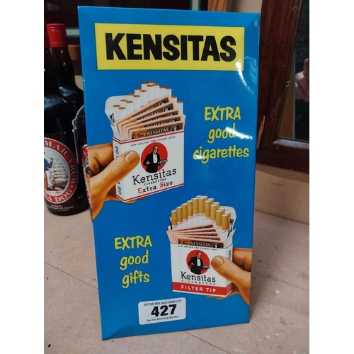 427 - Kensitas Extra Good Cigarettes celluloid counter showcard. {30 cm H x 15 cm W}.