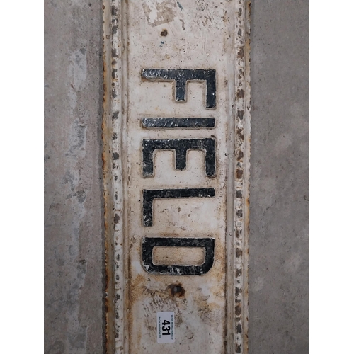 431 - 19th C. cast iron White Field Avenue 17 street sign. {15 cm H x 190 cm W}.