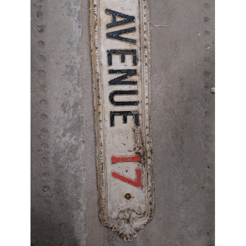 431 - 19th C. cast iron White Field Avenue 17 street sign. {15 cm H x 190 cm W}.