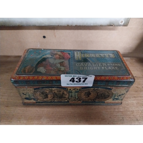 437 - Early 20th. C. Hignett's Cavalier tinplate tobacco tin. {7cm H X 18cm W X 8cm D}.