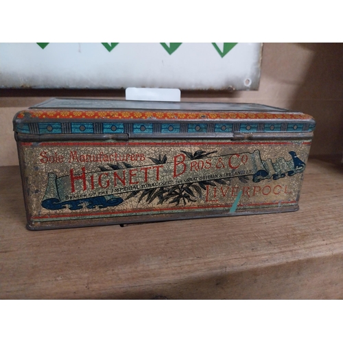 437 - Early 20th. C. Hignett's Cavalier tinplate tobacco tin. {7cm H X 18cm W X 8cm D}.