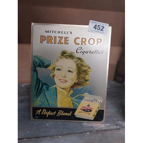 452 - Mitchell's Prize Crop cigarettes enamel advertising sign {24 cm H x 19 cm W}.