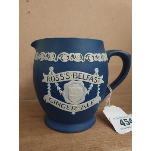 454 - Ross's of Belfast Ginger Ale ceramic water jug. {13 cm H x 16 cm W x 11 cm D}