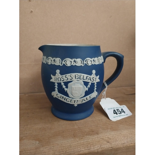 454 - Ross's of Belfast Ginger Ale ceramic water jug. {13 cm H x 16 cm W x 11 cm D}