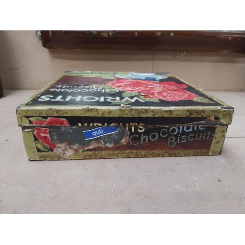 457 - Wright's Chocolate Biscuit advertising tin. {6 cm H x 22 cm W x 23 cm D}.