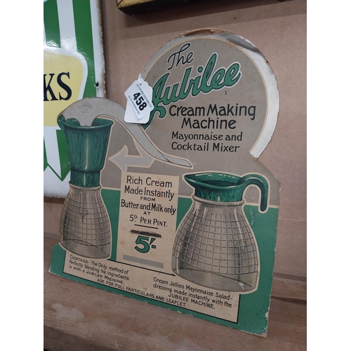 458 - The Jubilee Cream Making Machine cardboard showcard. {32 cm H x 33 cm W}.