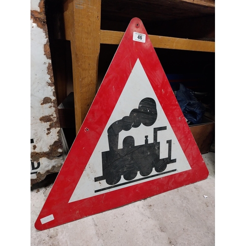 46 - Triangular aluminium Train Ahead warning sign. {67 cm H x 73 cm W}.