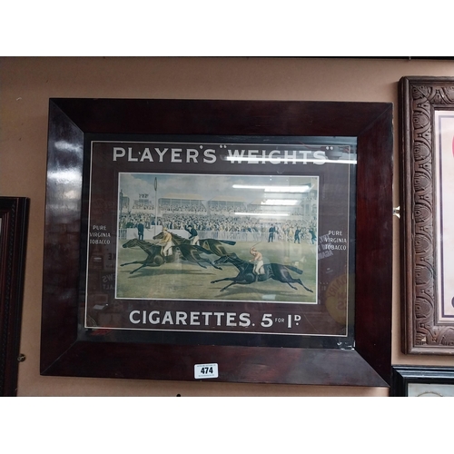 474 - Player's Weights cigarettes framed advertising showcard {56 cm H x 63 cm W}.