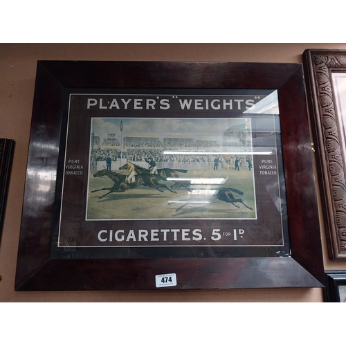 474 - Player's Weights cigarettes framed advertising showcard {56 cm H x 63 cm W}.